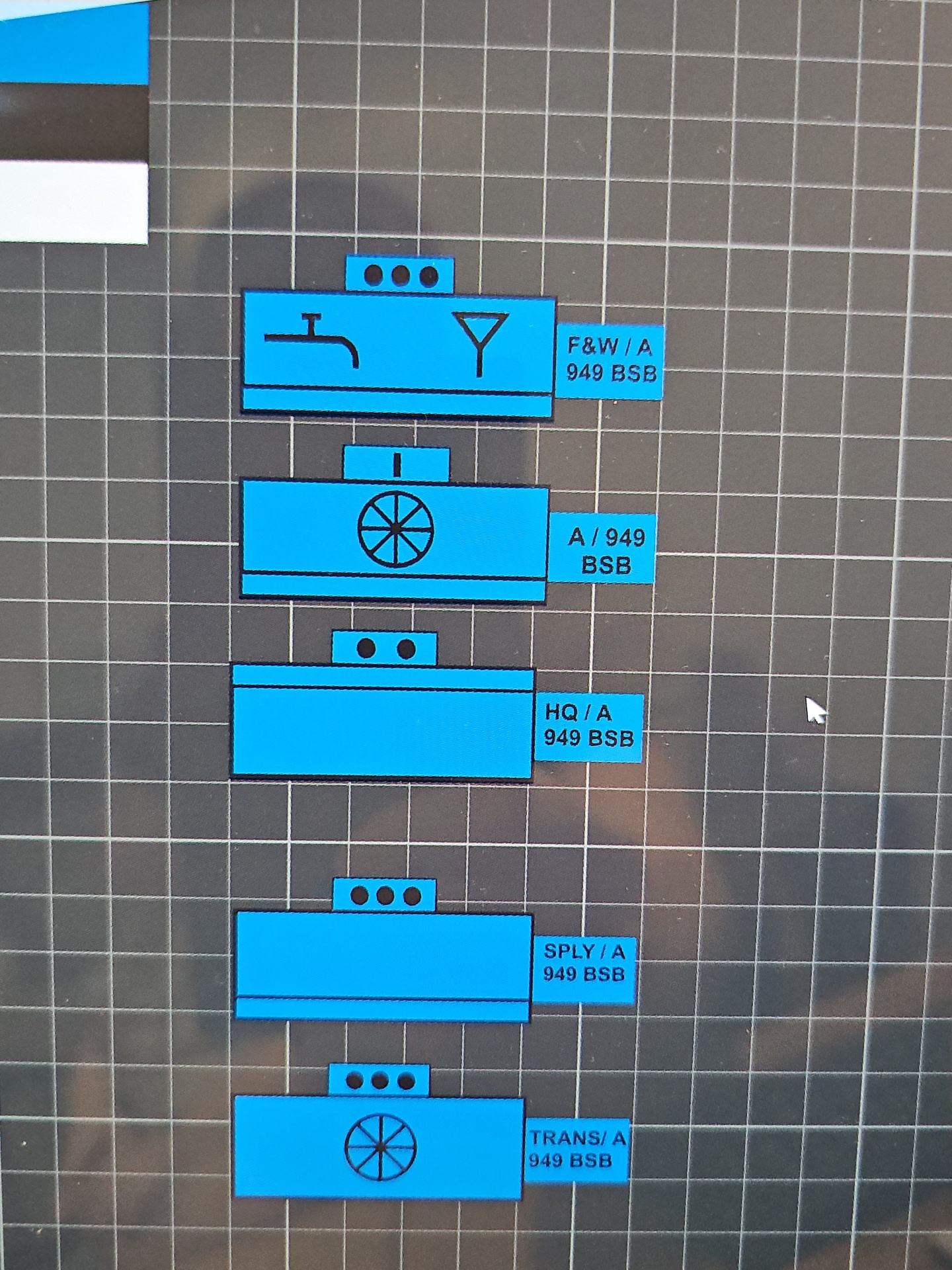 Military map symbol designs: F&W, A, HQ, SPLY, TRANS for 949 BSB