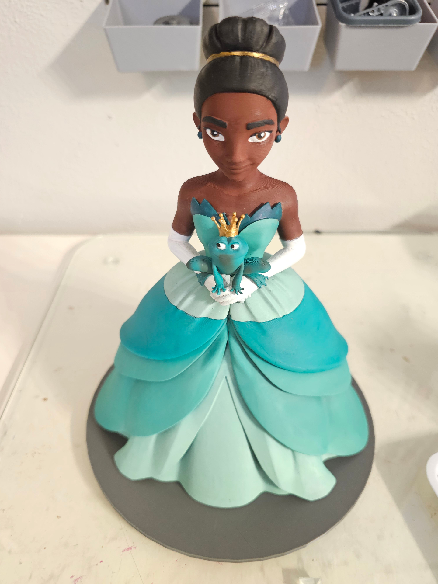 Hand-painted custom Princess Tiana character piggy bank — front view