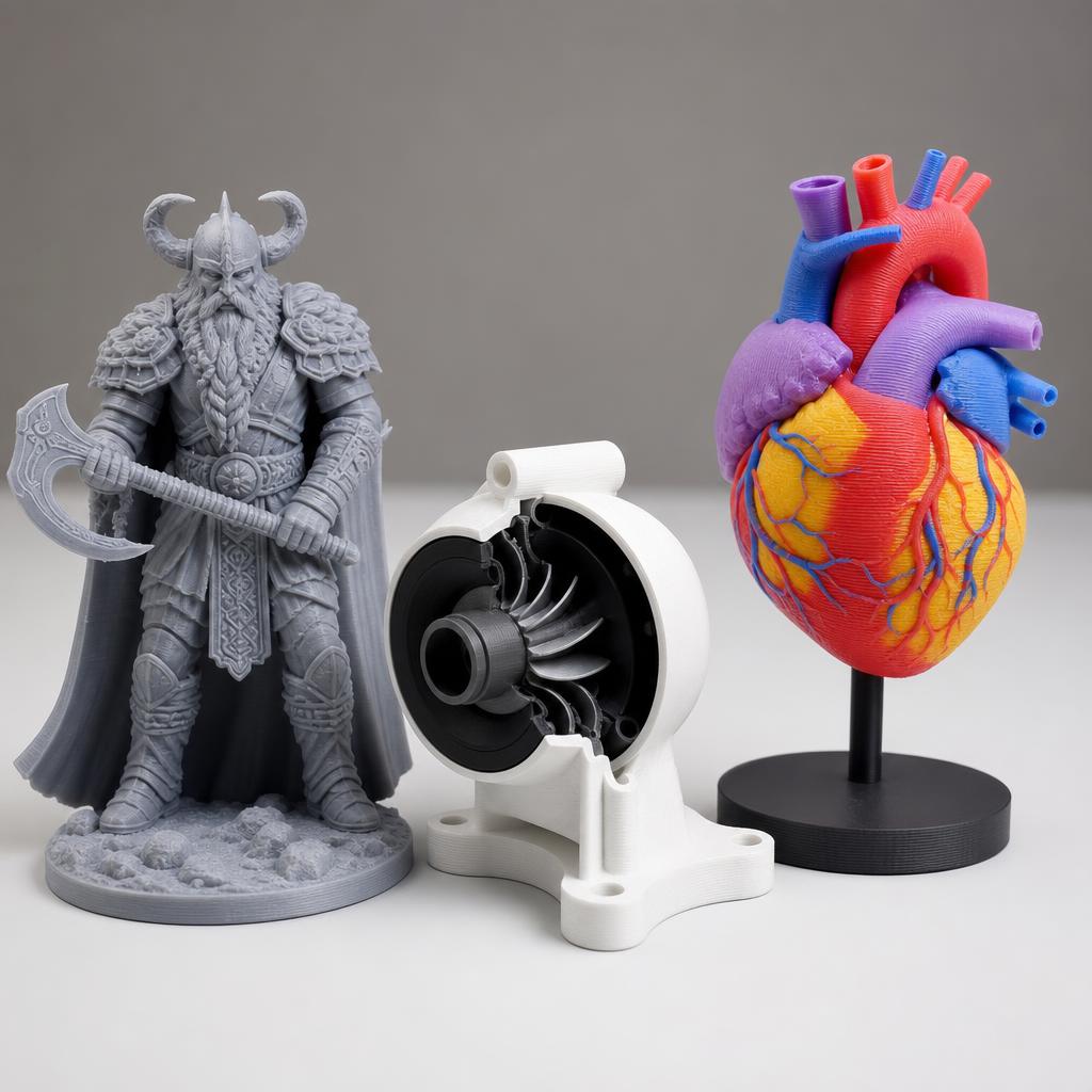 Full-color 3D-printed heart and viking figurine